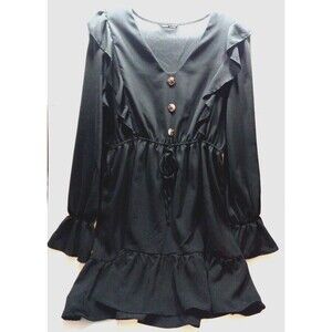 Black Size Lg Shein Dress Long Sleeve Ruffle Bodice Hem Cuffs Elastic Waist